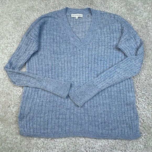 White + Warren Linen V-Neck Sweater Blue - Picture 2 of 8